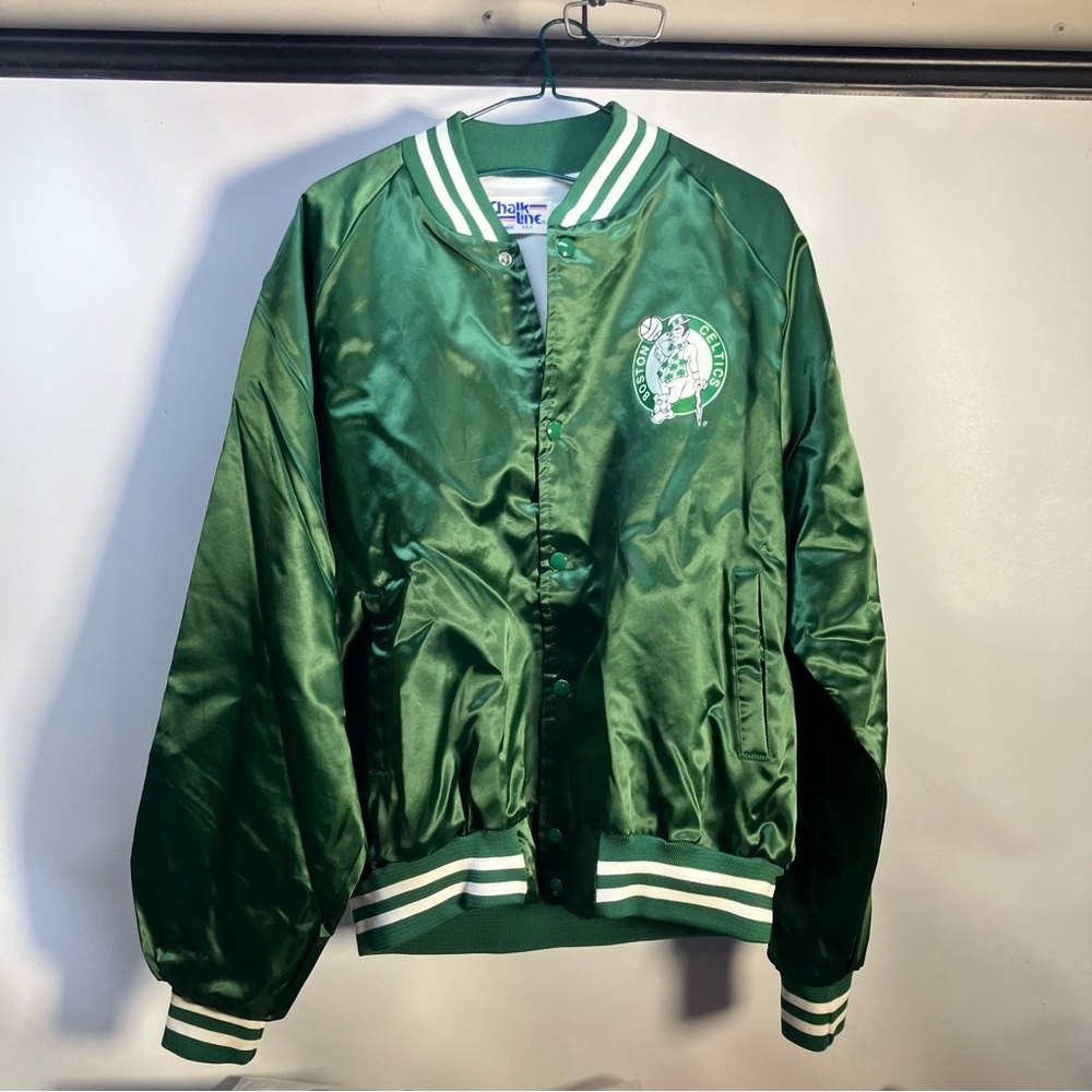 Vintage 80's Boston Celtics Chalkline Satin NBA Finals Bomber Jacket Size XL